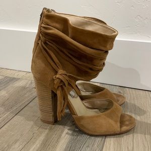 Camel color unique heels with ankle detail chunky heel